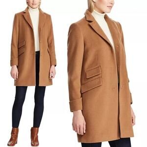Lauren Ralph Lauren Wool Blend Three-Button Reefer Coat In Camel Size 12 NWT